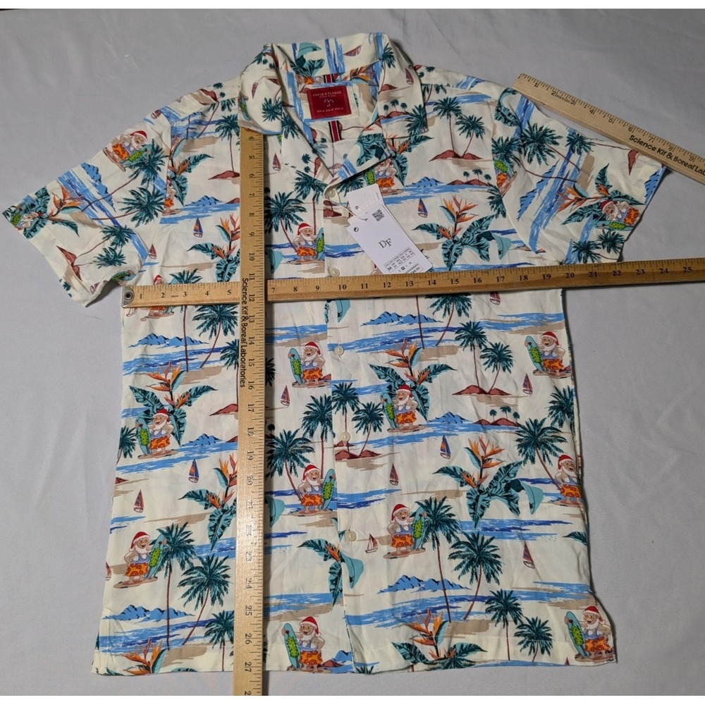 DENIM & FLOWER Santa Claus Hawaiian Beach Surfing Men Medium Ivory Shirt NEW - Picture 8 of 14